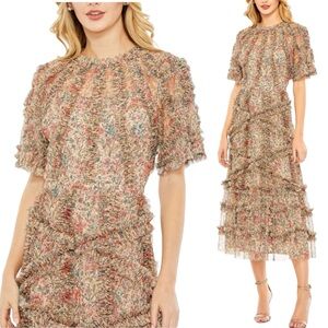MAC DUGGAL Beige Floral Midi Dress with Ruffle Detailing